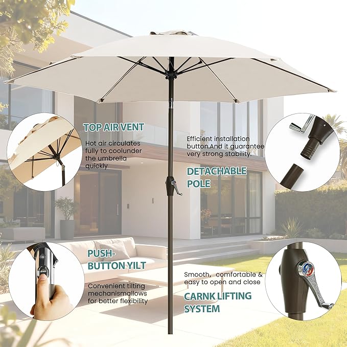 7.5FT Large Outdoor Patio Umbrella with Crank & Tilt - Durable Market Umbrella for Outdoor Patio with 6 Fiberglass Ribs for Poolside,Deck,Yard,Garden
