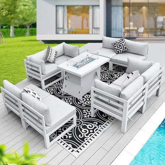 BULEXYARD 9 Pcs Luxury Aluminum Outdoor Sectional Sofa with Rectangular Fire Pit Table, Oversized L Shaped Patio Furniture Set, 29" Deep Wide Seat, 500 lbs Heavy Duty Conversation Set for Yard, White