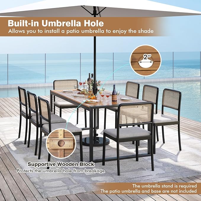 RELAX4LIFE Patio Outdoor Dining Table for 8, 79’’ x 35.5’’ Acacia Wood Rectangular Table w/2’’ Umbrella Hole, Slatted Top & Metal Legs, Indoor Outdoor Picnic Bistro Table, 8-Person Patio Dining Table