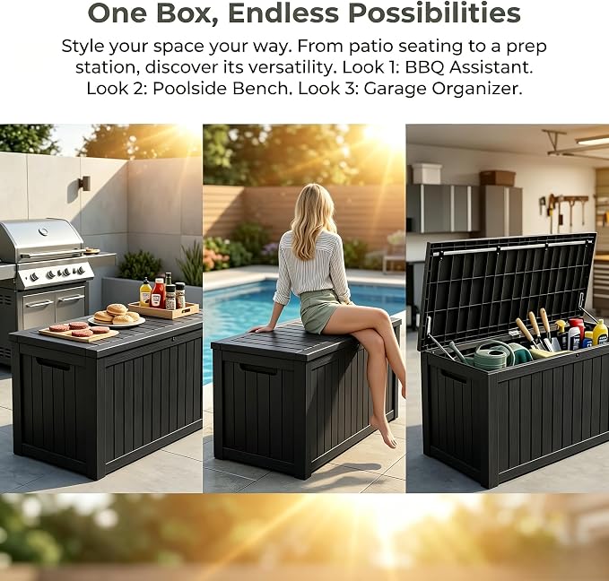198 Gallon Resin Deck Box – Finally, a Lockable Outdoor Storage That Fits Everything (Cushions, Tools, Pool Gear & BBQ) – Weatherproof Wood Grain Design for Patio, Garden, Office, Home Indoor Outdoor