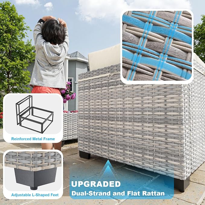 18-Piece Patio Furniture Set, Outdoor Patio Furniture with 55,000 BTU Fire Pit Table, Swivel Chairs Set, Thick Cushions, Modular Patio Sofa, Dual-Strand Wicker Rattan, Rust-Resistant Frame,Lvory