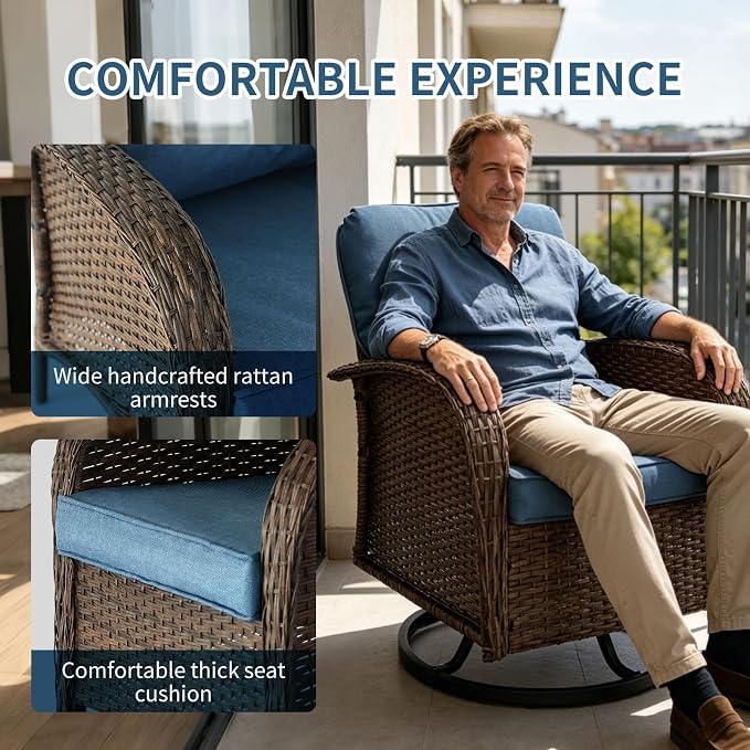 Outdoor Swivel Rocker Patio Chairs (Brown Wicker/Blue Cushion, 7PC/Sofa & Swivel & Chair &2 Table)