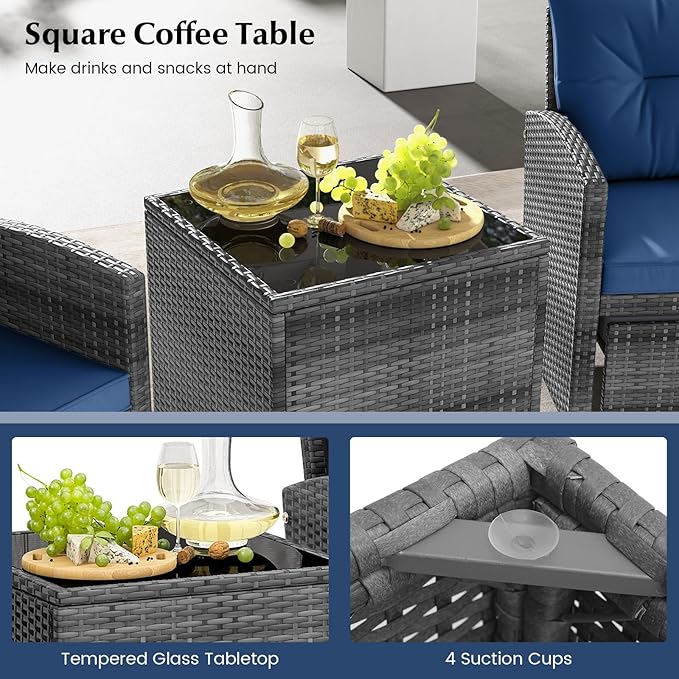 HAPPYGRILL 5-Piece Outdoor PE Rattan Conversation Set, Wicker Patio Furniture Set with Cushion, Ottoman & Coffee Table for Backyard Garden Poolside Lawn Deck Porch (Mix Grey & Navy)