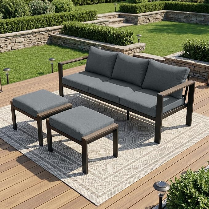 Outdoor Patio Furniture Set 3 Seats Sofa and Ottomans with Washable Thick Cushions, All-Weather Luxury Aluminum Modern Outside Sectional Set for Porch, Balcony, Deck, Yard, Gray