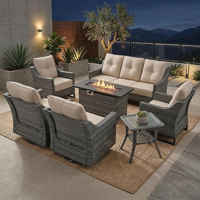 7 Piece Patio Furniture Set With Fire Pit ,360°Swivel Patio Chairs Set of 2,Cozy 60,000 BTU Rectangle Fire Pit Table ,2 Wicker Chairs,Sofa,Outdoor Side Table,All-Weather Wicker Patio Set For Outdoor