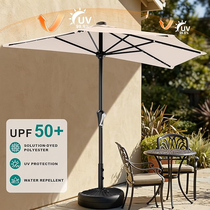 AreShark 9ft Patio Half Umbrellas with Solar Lights, 1/2 LED Half Outdoor Umbrella w/ 20 LED Lights, Lighted Table Wall Umbrella with Crank & 5 Sturdy Ribs for Market, Pool, Deck, Lawn and Garden, Cream White