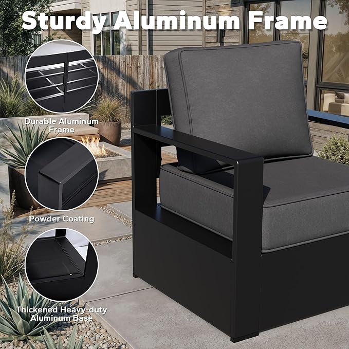 Outdoor Aluminum Furniture Set, 3-Piece Patio Conversation Set, 2 Chairs and 1 Sofa, All-Weather Metal Frame, 6" Thick Removable Cushions, Deep Setting for Garden, Poolside and Porch