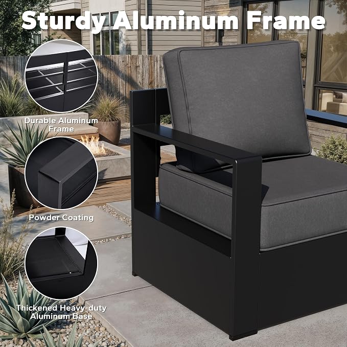 Outdoor Aluminum Furniture, Patio Chairs with 6" Thick Removable Cushions, All-Weather Metal Frame, Deep Setting for Garden, Poolside and Porch