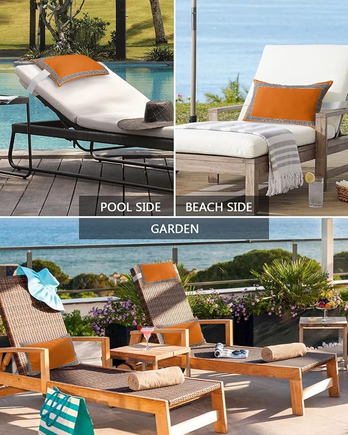 Outdoor Pillows Covers with Inserts Chinese Style Pattern Orange Background Waterproof Recliner Pillow with Adjustable Strap Throw Pillows for Patio Furniture Pool Lounge Chair, 11x16 inch, 1PCS