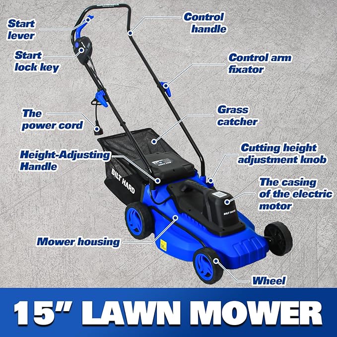 BILT HARD Corded Electric Lawn Mower 15 Inch, 11Amp Electric Push Mower with 9.2 Gallon Collection Bag, 5 Height Adjustment, Lightweight Lawnmower for Garden, Yard