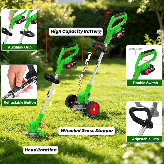 Cordless Weed Wacker Electric Eater Battery Powered, 3 in 1 Lightweight Portable Stringless Weed Trimmer 21V x 2 Battery Operated, Grass Trimmer/Brush Cutter/Lawn Edger with Wheels for Garden Yard