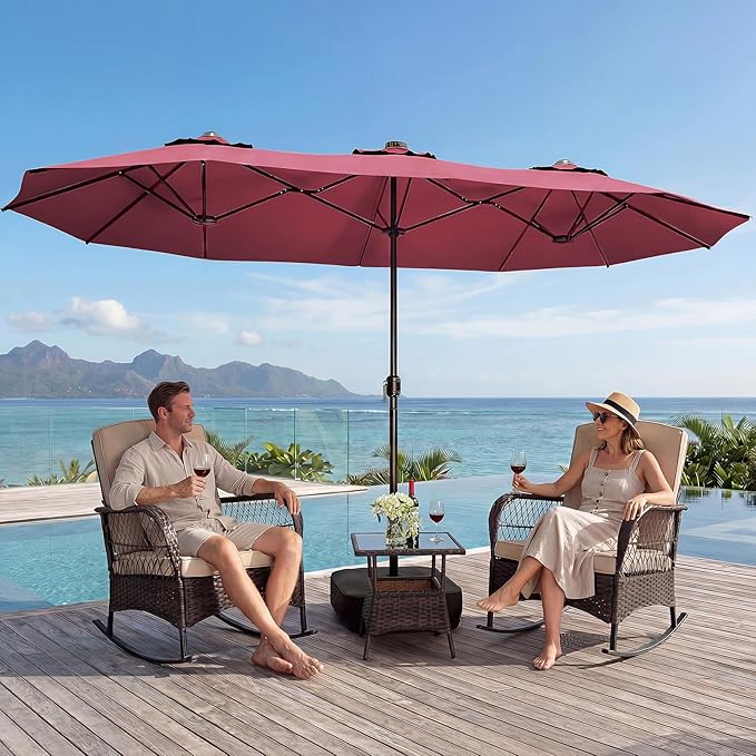 CHABATREE 15FT Double-Sided Patio Umbrella with Base Included, Large Outdoor Rectangular Market Umbrella for Backyard, Poolside, Lawn & Garden, Red