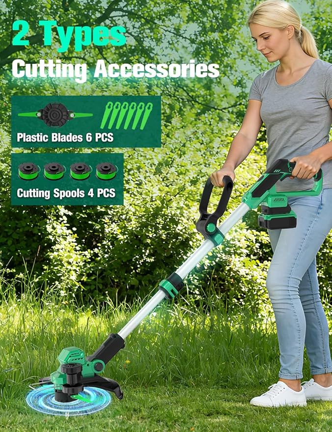 KIMO Cordless Weed Wacker Battery Operated w/ 2 x 2.0Ah Batteries, 12" Weed Eater w/Auto Line Feed, 4 Line Spools & 6 Blades, 2-in-1 String Trimmer & Edger with Wheel, 20V Grass Trimmer for Lawn Yard