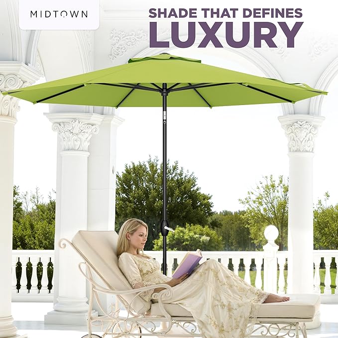 Midtown Umbrellas - The Lean 9 Ft Patio Umbrella with Fade-Resistant Sunbrella Fabric, Auto-Tilt Aluminum Frame and 8 Reinforced Ribs for Deck, Pool & Garden - Macaw Canopy, Black Pole