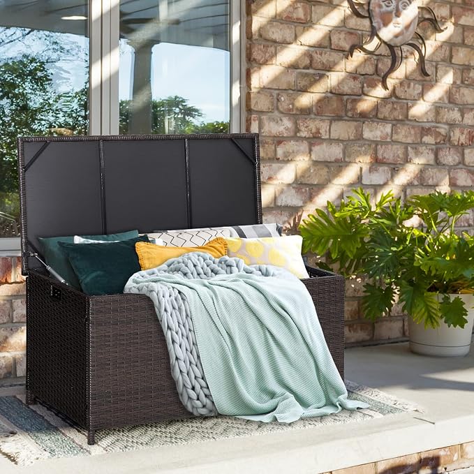 50 Gallon Deck Box, PE Wicker Storage Box with Lid, Water-resistant Liner & Universal Wheels, Outdoor Storage Container for Pillows, Cushions, Garden Tools (Mix Brown)
