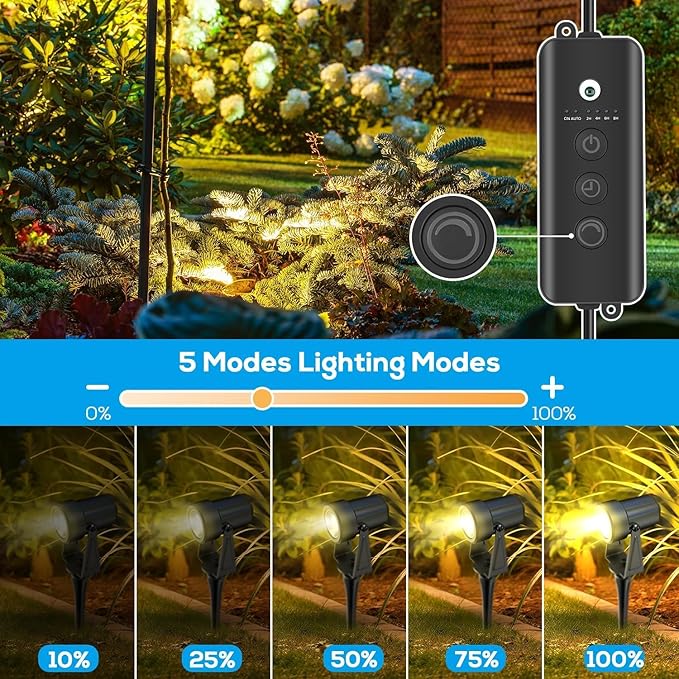 ZYAN Landscape Spotlights with Sensor, 5 Lighting Modes for Brightness Adjustment, Dimmable Timer Auto On Off, Low Voltage Outdoor IP65 Waterproof for Patio Yard Garden Path, Warm White (16 Pack)