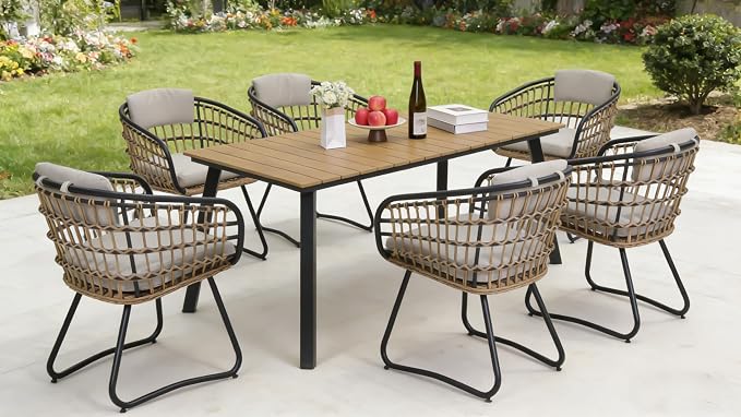 70" Steel Elegant and Stylish Kitchen Dining Table, Simple and Practical Dining Table, Mid-Century Style Outdoors Coffee Tables with Umbrella Hole for Patio, Garden, Poolside , Bronze,Earthy Yellow