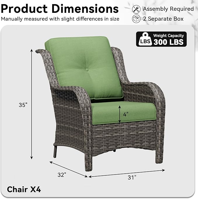 4 Piece Outdoor Wicker Patio Furniture Set, Patio Chairs Set of 4 with Thickened Olefin Cushions, High Back and Deep Seating, Hand-Woven PE Rattan for Porch, Deck, Green