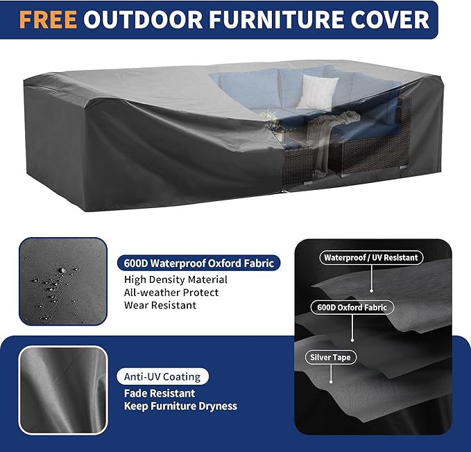 Patio Furniture Set, 7 Piece Outdoor Sectional with Waterproof Cover, All-Weather Wicker Patio Conversation Sets for Backyard (Brown with Navy Cushion)
