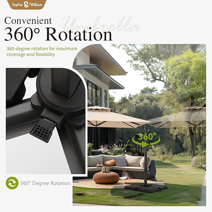 Sophia & William Cantilever Patio Umbrella 10ft, Offset Large Square Outdoor Umbrellas with 360-degree Rotation, Heavy Duty Windproof for Garden Pool Backyard, Beige with Base