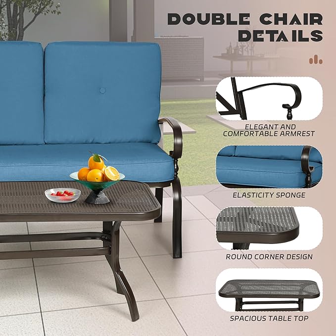 Incbruce 4Pcs Outdoor Metal Furniture Sets Wrought Iron Patio Furniture Conversation Set (Loveseat, Coffee Table, 2 Chairs) - Steel Frame Patio Seating Set with Peacock Blue Cushions