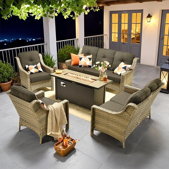 Outdoor Patio Furniture Sets, 5 PCS Patio Conversation Set Outside Rattan Sofa with 54 in Fire Pit Table Comfy Cushions Fit Backyard Porch Garden Poolside Balcony,Black