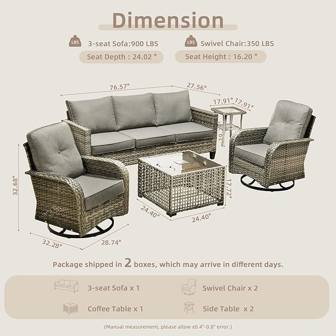 Patio Furniture, All Weather Wicker 6 PCS Outdoor Sofa with High Back Swivel Rocker Chairs, Conversation Set with Solar Light Coffee Table,Light Rattan Dark Gray Cushion