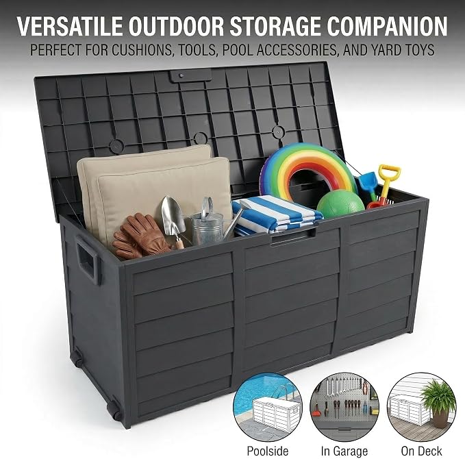 75 Gallon Outdoor Storage Box, 260L Waterproof Resin Deck Box for Patio Furniture Cushions, Garden Tools and Yard Accessories, Lockable Storage Chest with Wheels and Handles (Black)