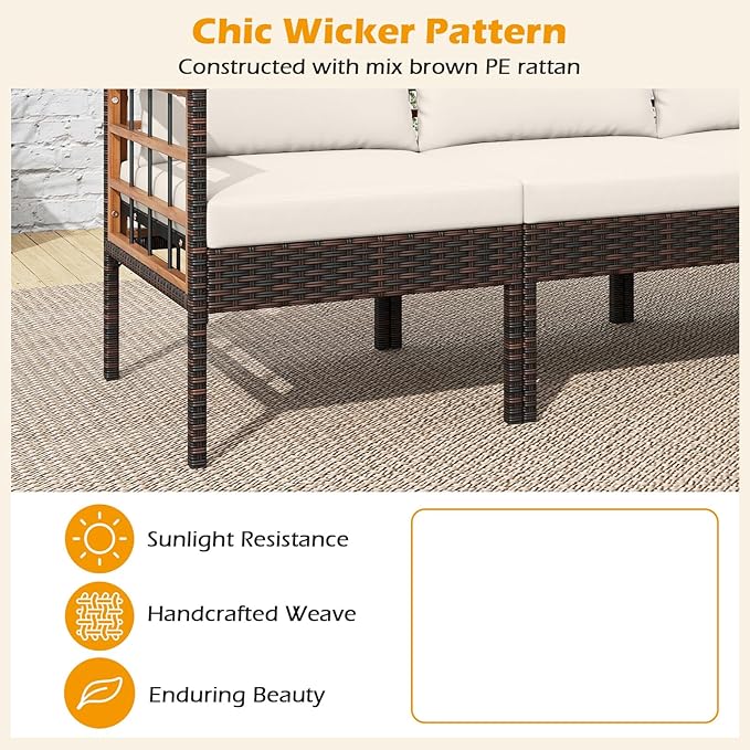 Tangkula 7 Pieces U Shaped Outdoor Wicker Furniture Set, Patio Cushioned Rattan Chairs with Ottomans & Side Table, for Backyard, Porch, Balcony