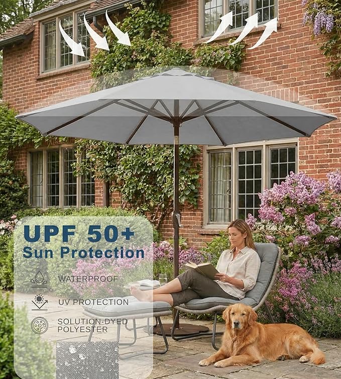 PatioKingdom 9FT Patio Outdoor Umbrella-UPF 50+ Sun Shade with Wind Vent, Push-Button Tilt & Smooth Crank Lift, Rust-Resistant Fiberglass Frame for Garden, Backyard,Yard (Light Gray)