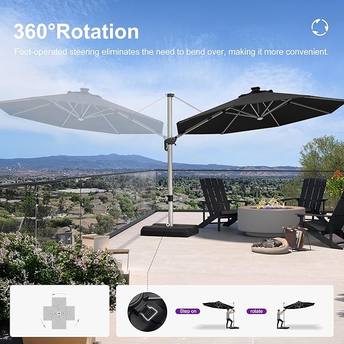 PURPLE LEAF Cantilever Umbrella with base 11ft Outdoor Round Patio Solar Powered LED Umbrella with 360-degree Rotation for Garden Deck Pool Patio, Black