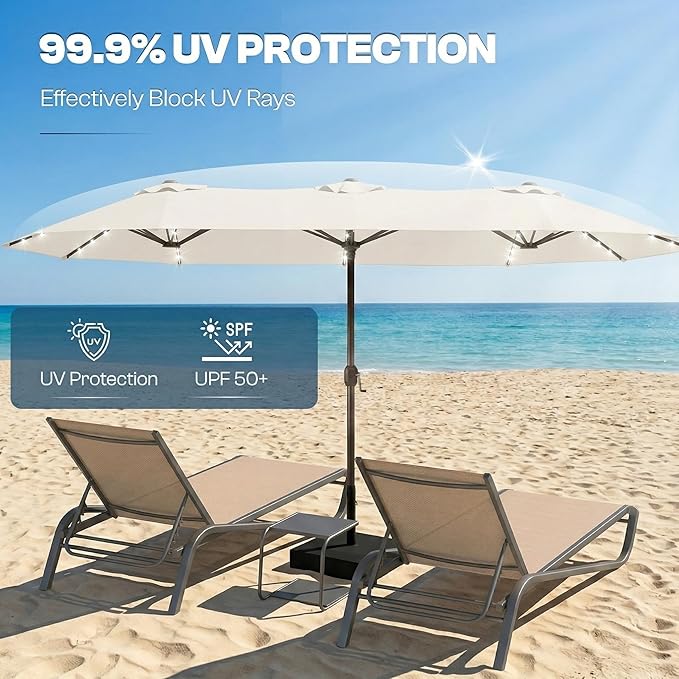 15FT Large Outdoor Patio Umbrella with Solar Lights and Base, Double-Sided Table Umbrellas with 48 LED Lights, Rectangle Market Umbrella for Pool, Deck, Backyard