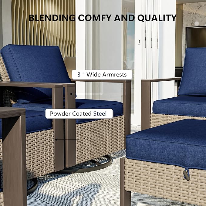 4 Piece Patio Furniture Set, Outdoor Swivel Rocker Patio Chairs and Ottoman, Metal Patio Furniture with Deep Seating, Thicken Cushions for Deck, Porch, Yard Use (Blue, 4 PCS/Swivel)