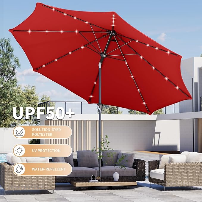 Kingdura 10FT Outdoor Patio Umbrella with Solar Lights, Market Table Umbrella with Push Button Tilt & Crank, 8 Sturdy Ribs, 32 LED Lights, UV Protection for Garden Lawn Deck Backyard Pool (Red)