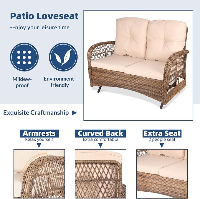 2 Piece Outdoor Wicker Gliding Loveseat Set, Patio Conversation Furniture Sets with 2-Seater Glider Rocking Bench, Glass-Top Coffee Table and Cushions for Porch Garden Poolside