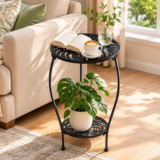 Party Zealot Two-Tiered 13 Inch Metal Round Side Tables Small Black Outside End Table for Patio Round Accent Garden Corner Stand for Small Spaces Weather-Resistant Outdoor Coffee Table for Balcony