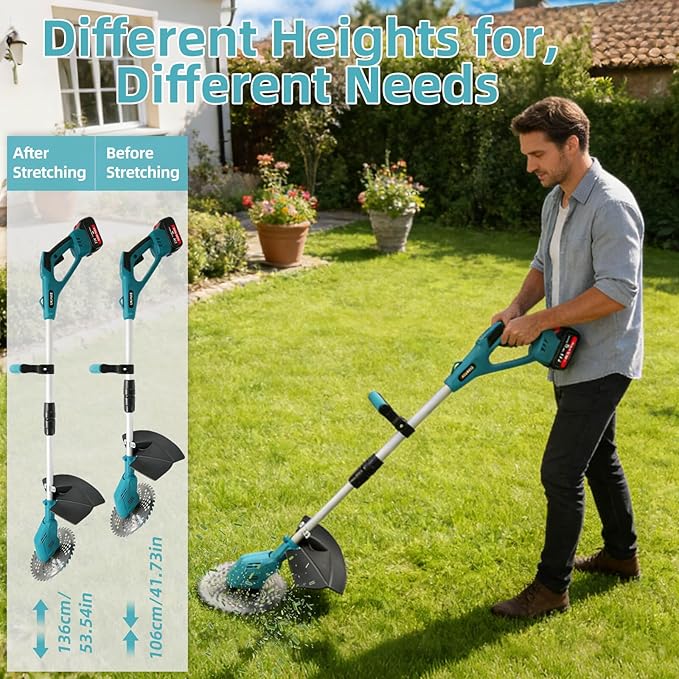 3- in-1 Electric Weed Eater, Brushless Weed Wacker Cordless, Brush Cutter with 2Pcs 4.0Ah Batteries, 1200W Motor, 6 Blades, Battery Powered Grass/String Trimmer Lawn for Yard and Garden