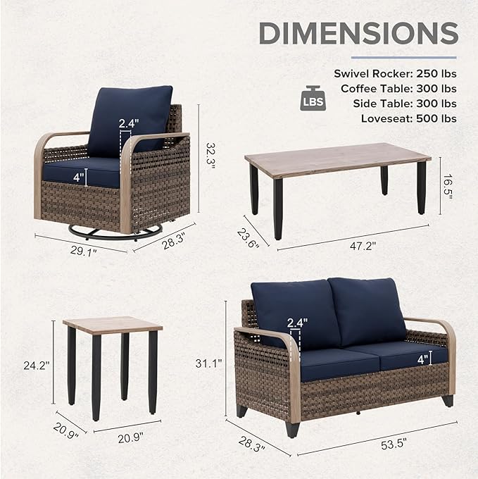 COOS BAY Modern Wicker Outdoor Furniture Set, 5 Piece Patio Conversation Set with 2 Swivel Rockers, a Loveseat, Coffee Table and Side Table, 5 Piece, Brown/Blue