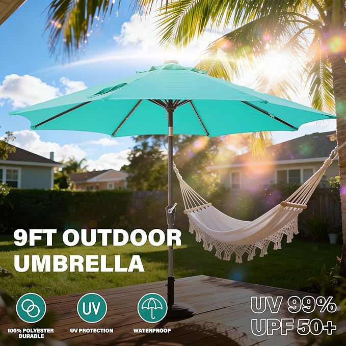 9FT Solar-Powered LED Patio Umbrella with Tilt Crank,Outdoor Market Umbrella with 32 Lights,Sunshade for Deck, Garden and Pool