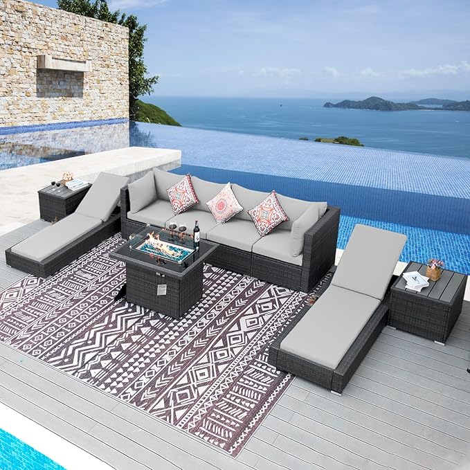 NICESOUL 9 Piece Outdoor Patio Furniture Set with Fire Pit, Modern Backyard Sectional with Loungers, Comfortable 29.3'' High-Back Outside Seating Sofa, All-Weather Wicker Couch for Garden, Light Grey