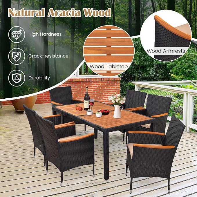 Tangkula 7 PCS Outdoor Dining Set, Patio Conversation Set with Acacia Wood Tabletop, Umbrella Hole, Removable Seat Cushions, Wicker Dining Table & Chair Set for Garden Yard Poolside