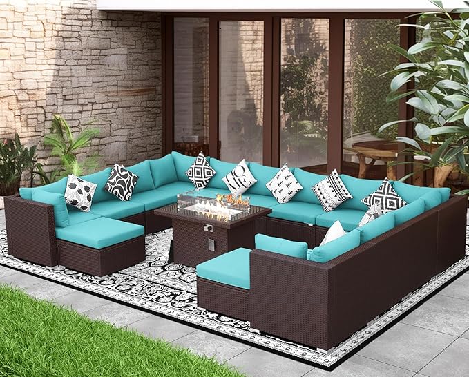 NICESOUL 15 Piece Outdoor Sectional with Fire Pit Table, Modern Luxury Patio Deep Seating w/Firepit, 29.3'' High-Back Wicker Couch Thick, Big High-Weight Capacity Sofa for Garden, Yard, Brown & Teal