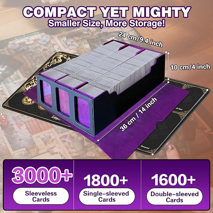 PROMAXIBINDER MTG Trading Card Storage Box with Playmat Fits 3000+ Cards, B-Row Commander Deck Case, 3 Display Windows, 6 Movable Partitions, 24 Dividers, for Magic/TCG/YuGiOh/Sport (Black&Purple)