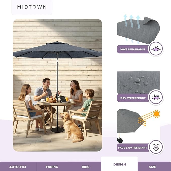 Midtown Umbrellas 10-Year-No-Fade - 9 Ft - UV Proof Heather Grey Polyester Fabric - Umbrella Outdoor Patio, Auto-Tilt Aluminum Frame Patio Umbrella for Garden, Pool & Deck - Black Pole