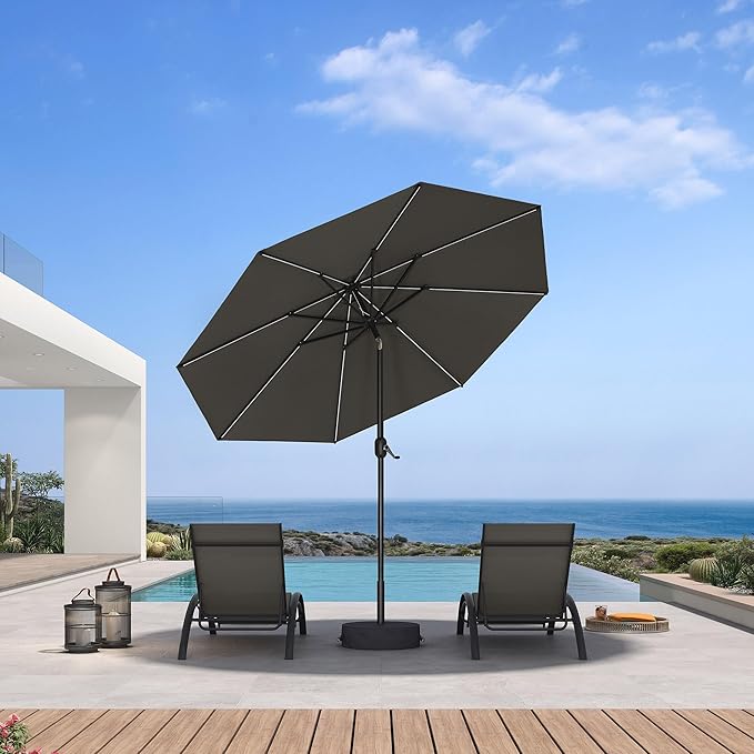 PURPLE LEAF 9' Round Patio Umbrella with Solar LED Outdoor Table Umbrella Aluminum Frame Market Umbrella with 8 Sturdy Ribs & Tilt for Garden Deck Lawn Pool Gray