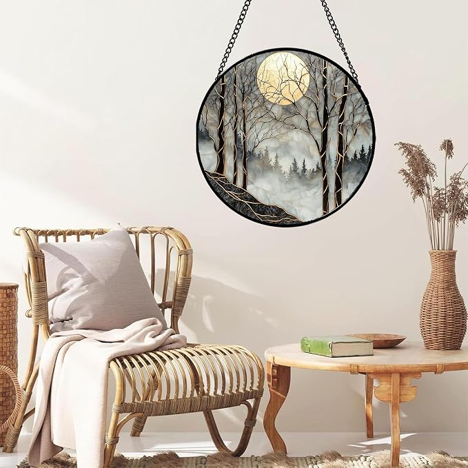 Stained Glass Window Hanging - Black and White Gold Moon Forest Sun Catcher for Door Home Decor Suncatcher Christmas Mother's Day Birthday Gifts for Women Men Lovers Mom Nana 15 in