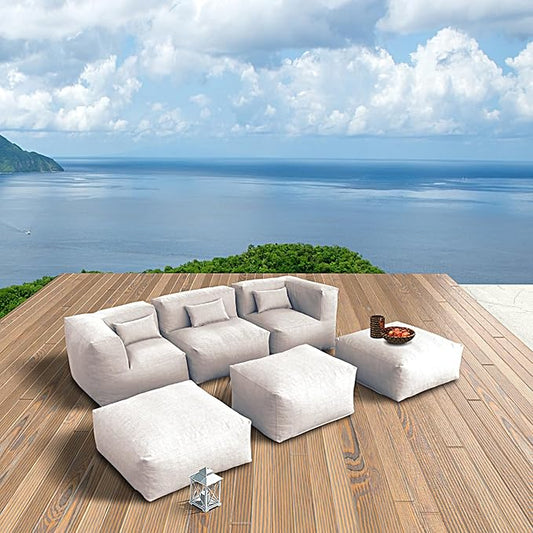 ANNYH PortoCervo 6PCS Patio Outdoor Furniture Sectional Conversation Set Combines 1 Middle & 2 Corner Chairs, 3 Ottoman, Foam Filled Bean Bag Chairs Modular Contemporary Sofa Comfy Couch, Light Beige