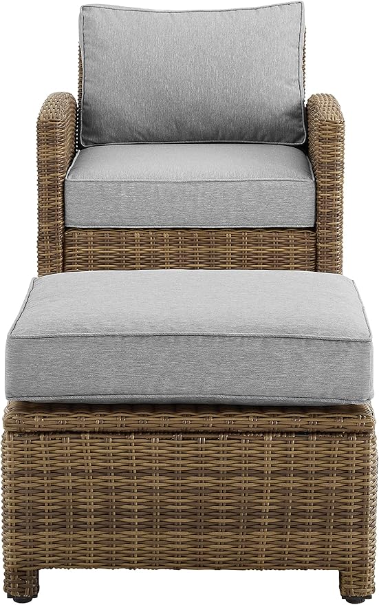 Crosley Furniture Bradenton 2-Piece Outdoor Chair and Ottoman Set, Wicker Patio Conversation Sets for Porch, Brown with Gray Cushions