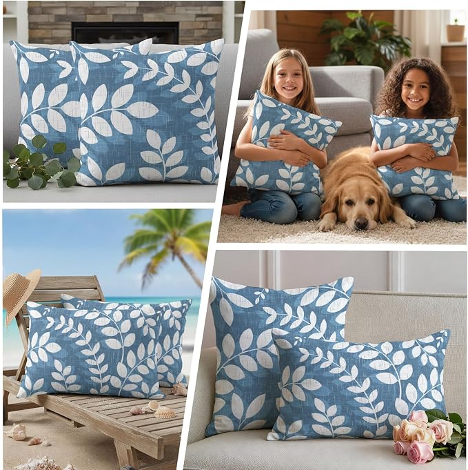 Lake Blue Leaves Outdoor Waterproof Throw Pillow Covers 26x26 Set of 2, Farmhouse Botanical Branch Vintage Boho Leaf Decorative Pillowcases Cushion Pillowcase for Couch Sofa Patio Pillow Protector