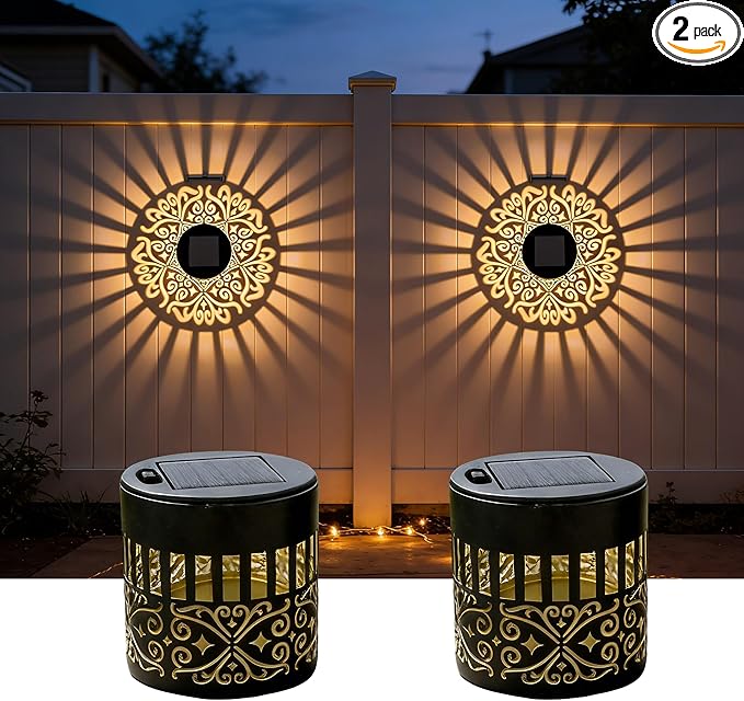 Solar Outdoor Fence Lights Decoration 2 Pack, Solar Wall Step Deck Lights Outdoor Garden Decor with Starlight Theme for Yard Art Porch Patio Backyard